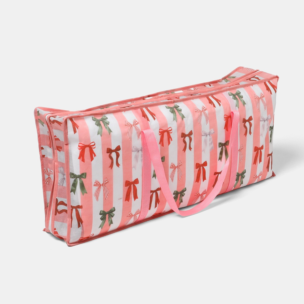 OHS Multi Bow Stripe Christmas Wrap Storage Bag - Pink/White>