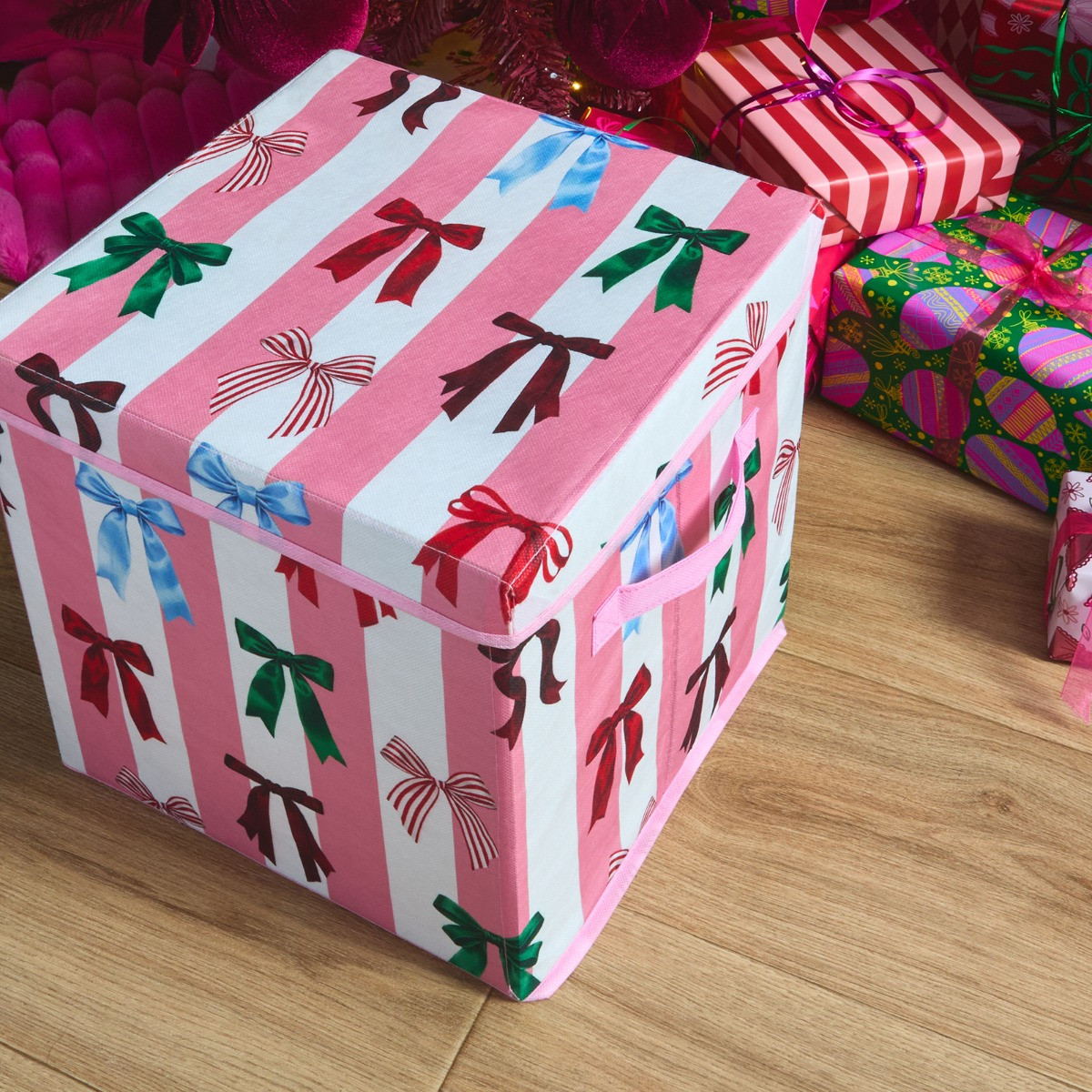 OHS Multi Bow Stripe Christmas Bauble Storage Box - Pink/White>