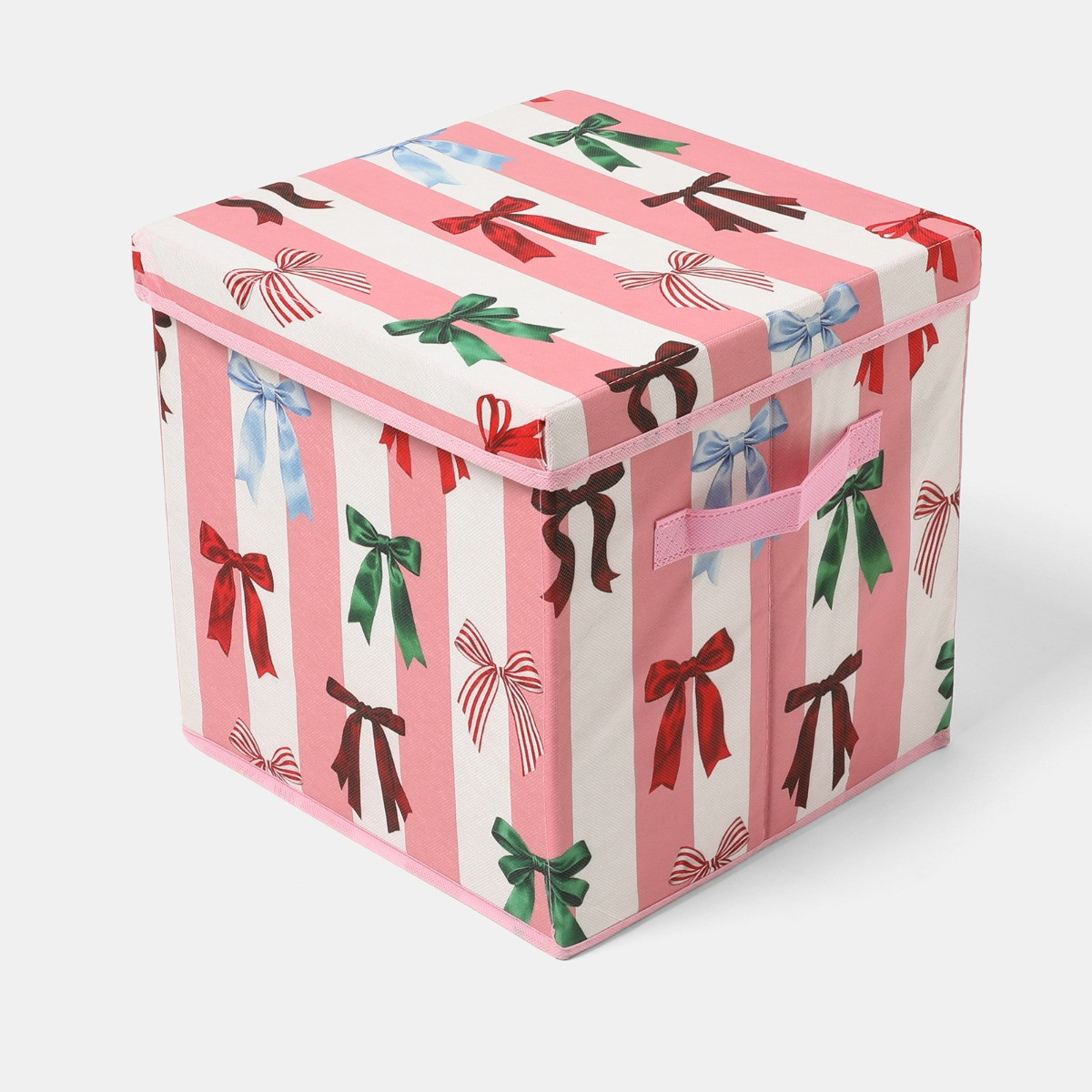 OHS Multi Bow Stripe Christmas Bauble Storage Box - Pink/White>