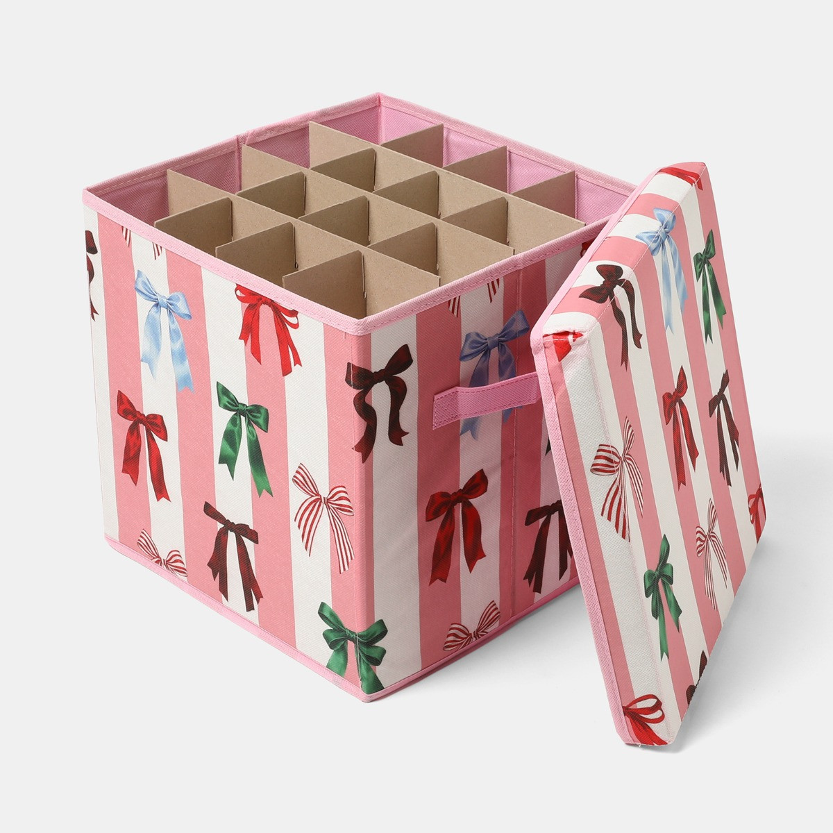 OHS Multi Bow Stripe Christmas Bauble Storage Box - Pink/White>