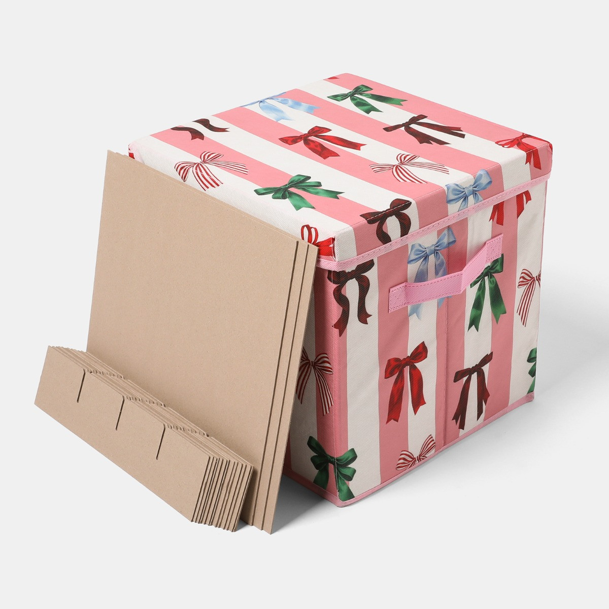 OHS Multi Bow Stripe Christmas Bauble Storage Box - Pink/White>