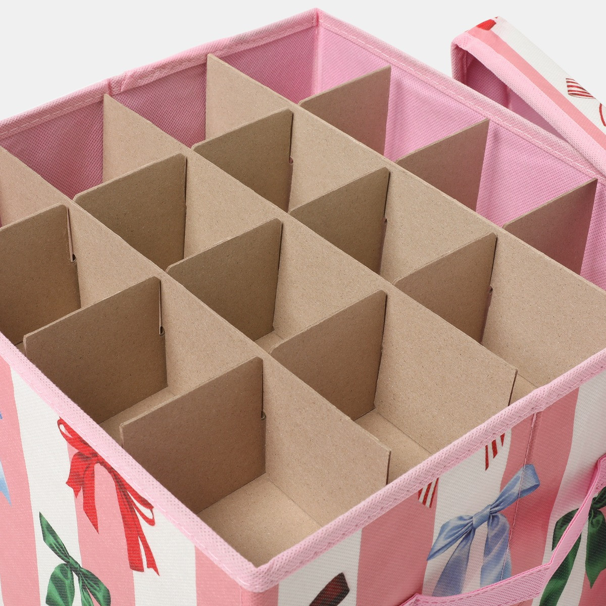 OHS Multi Bow Stripe Christmas Bauble Storage Box - Pink/White>