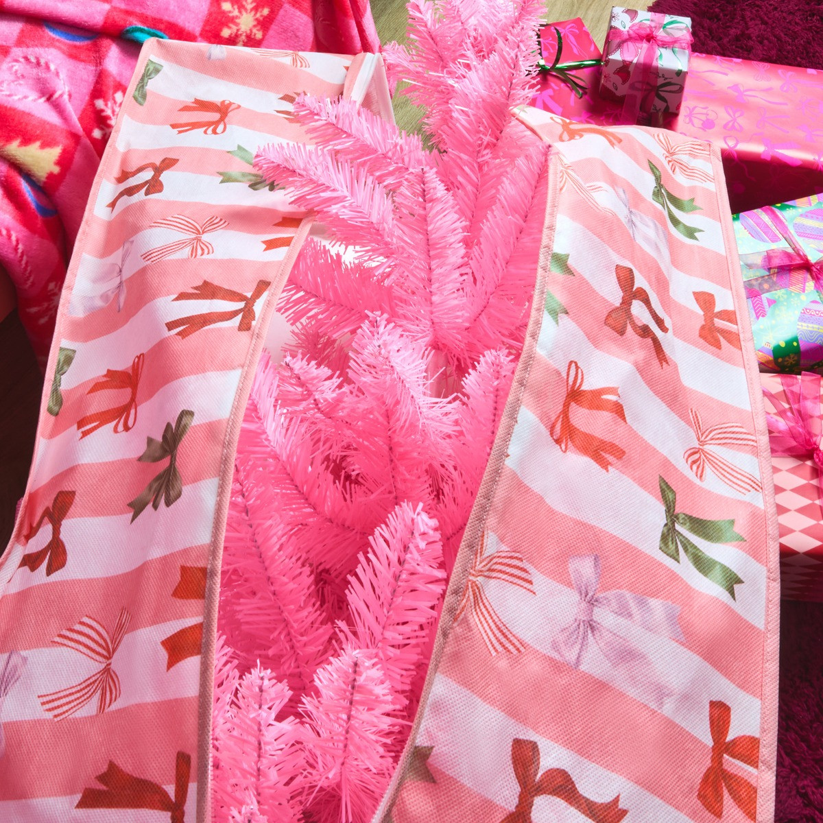 OHS Multi Bow Stripe Christmas Tree Storage Bag - Pink/White>