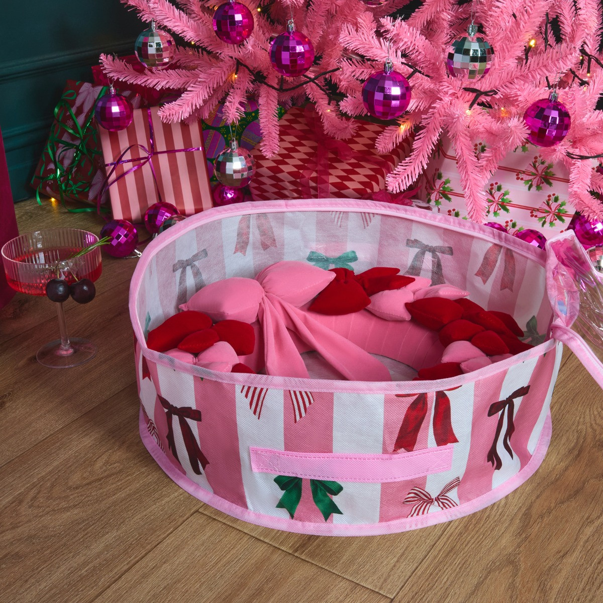 OHS Multi Bow Stripe Christmas Wreath Storage Bag - Pink/White>