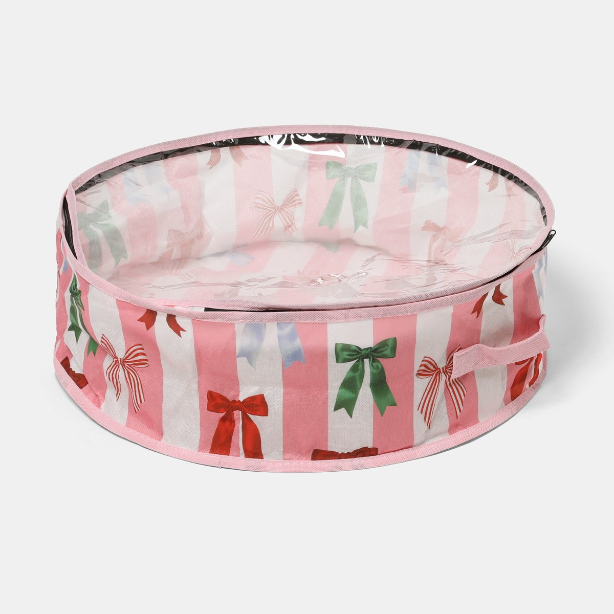 OHS Multi Bow Stripe Christmas Wreath Storage Bag - Pink/White>