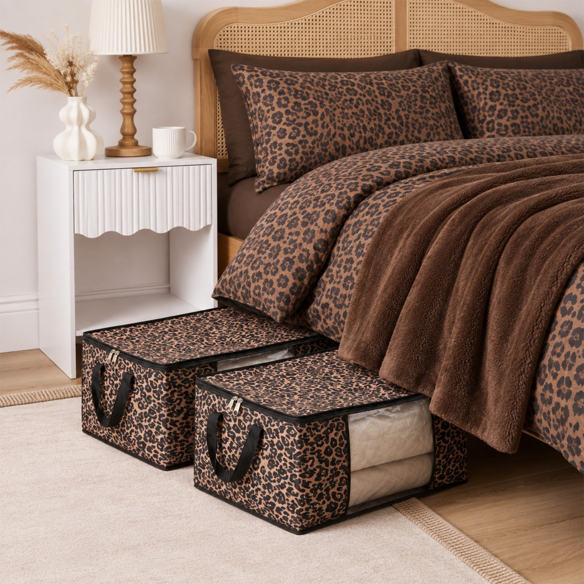 OHS 2 Pack Leopard Print 90.3L Underbed Large Clothes Storage Bag - Natural>