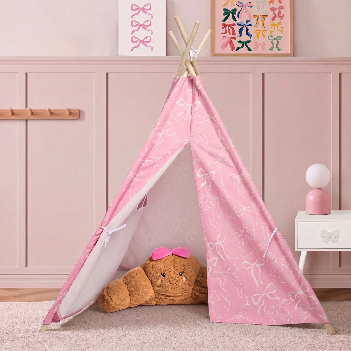 OHS Bow Print Foldable Kid's Storage Teepee - Blush>