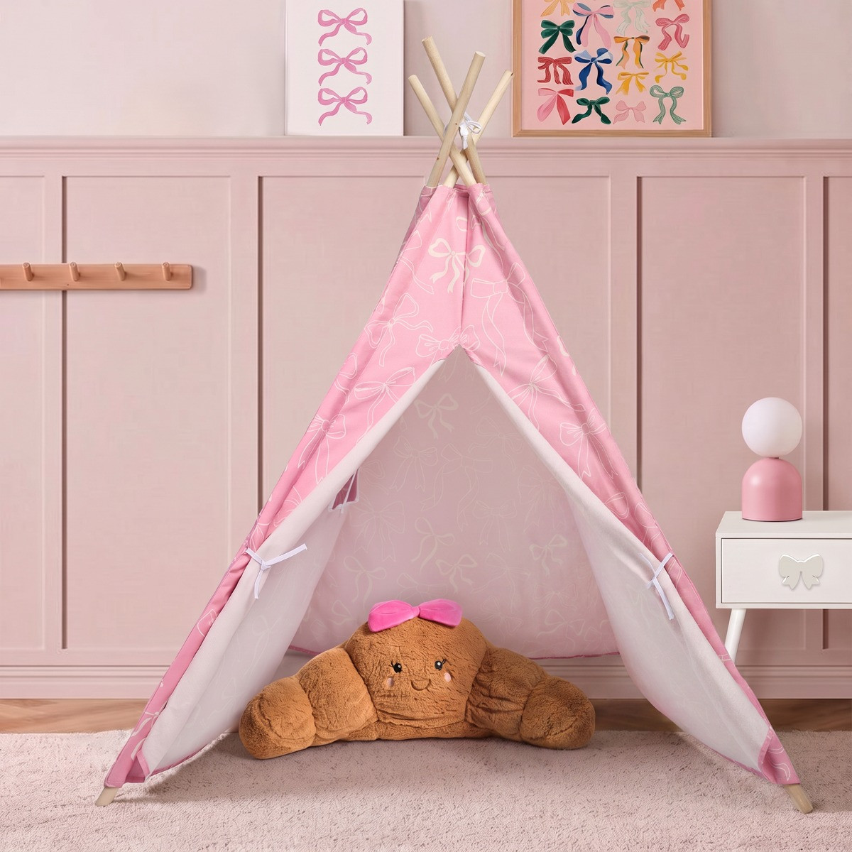 OHS Bow Print Foldable Kid's Storage Teepee - Blush>