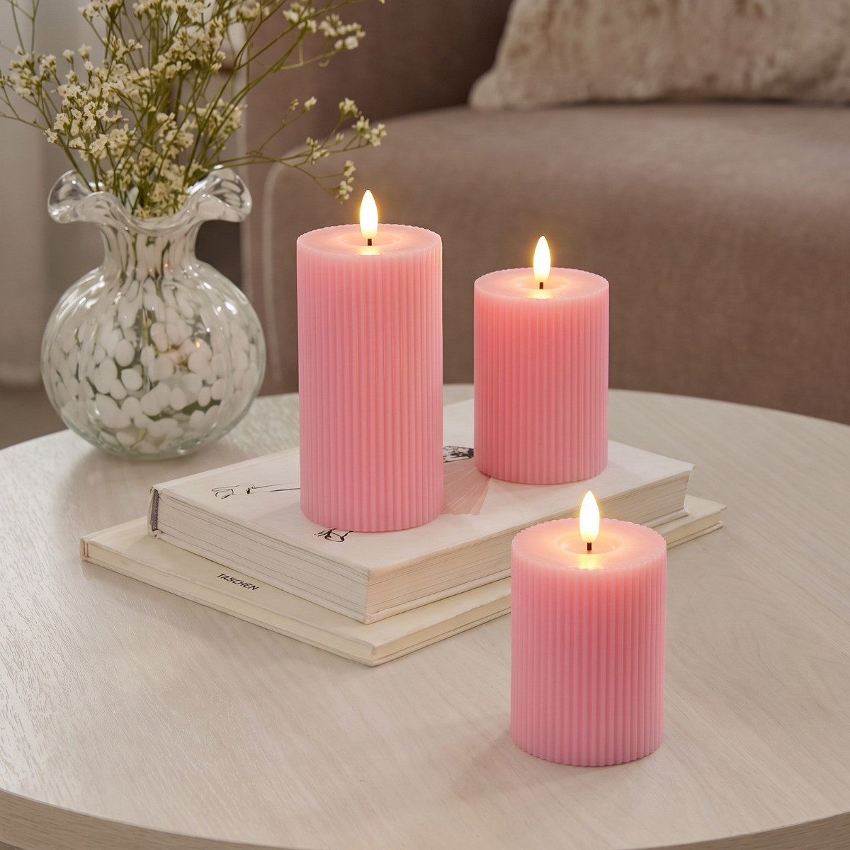 OHS LED Ribbed Candles, Dusky Pink - 3 Pack>