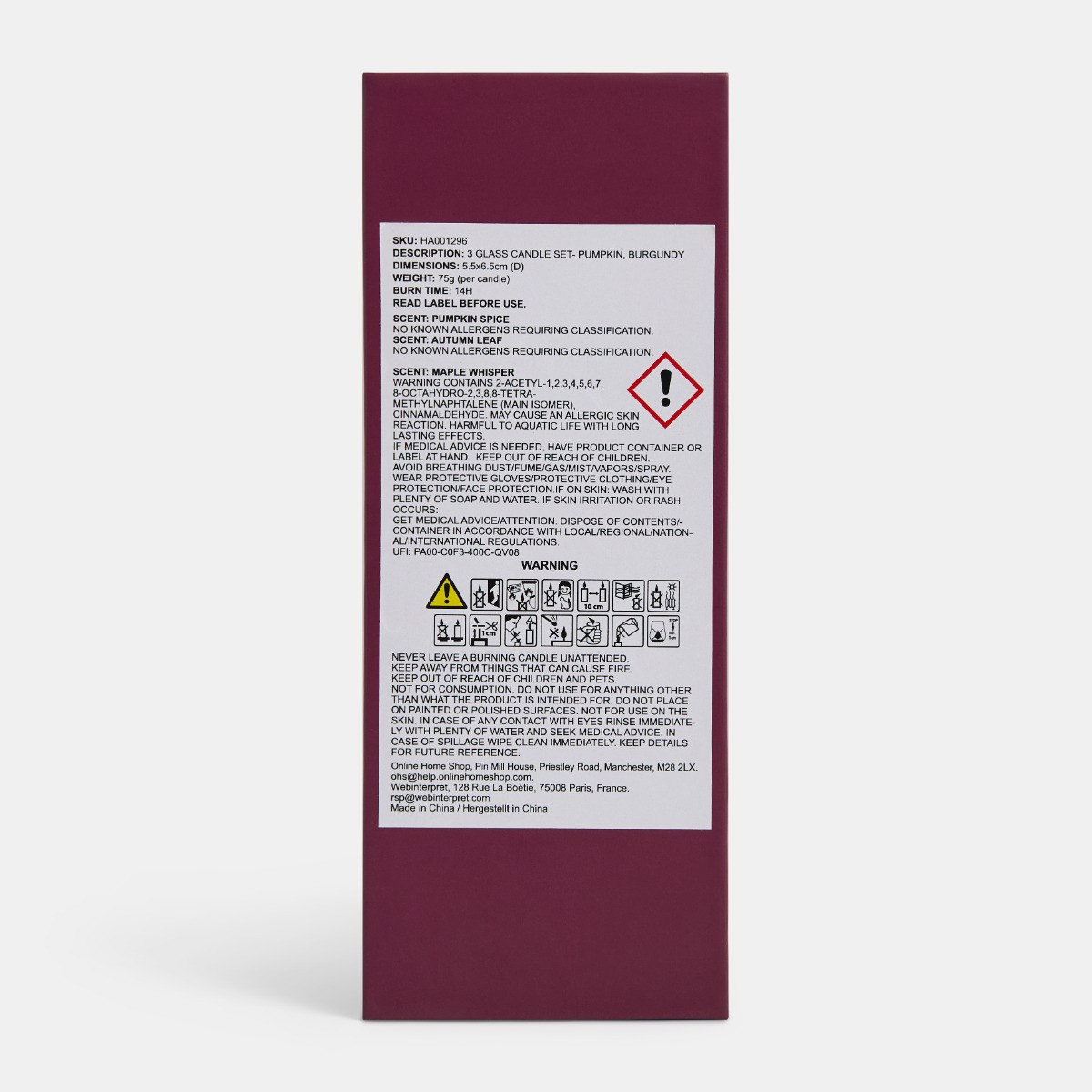 OHS 3 Glass Scented Candles Set, Pumpkin Print - Burgundy>