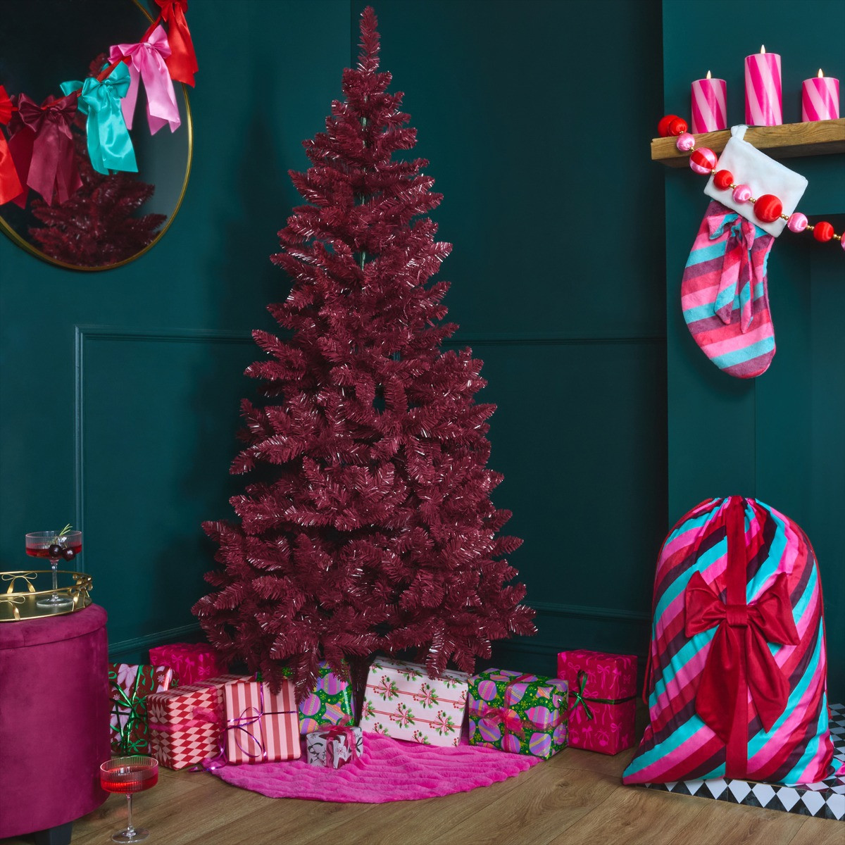 OHS Artificial Autumn / Christmas Tree, Burgundy - 6ft>