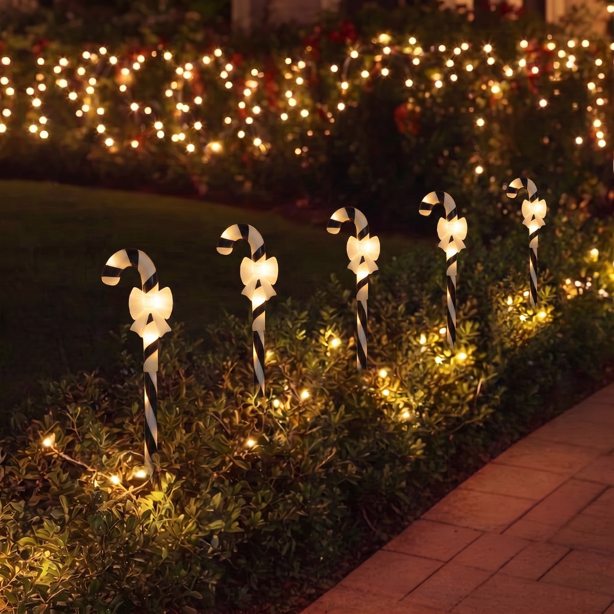 OHS 5 Pack Bow Candy Cane Stake Lights - Monochrome>
