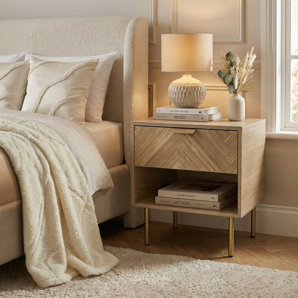 OHS Ava Wood 1-Drawer Bedside Table - Light Wood>