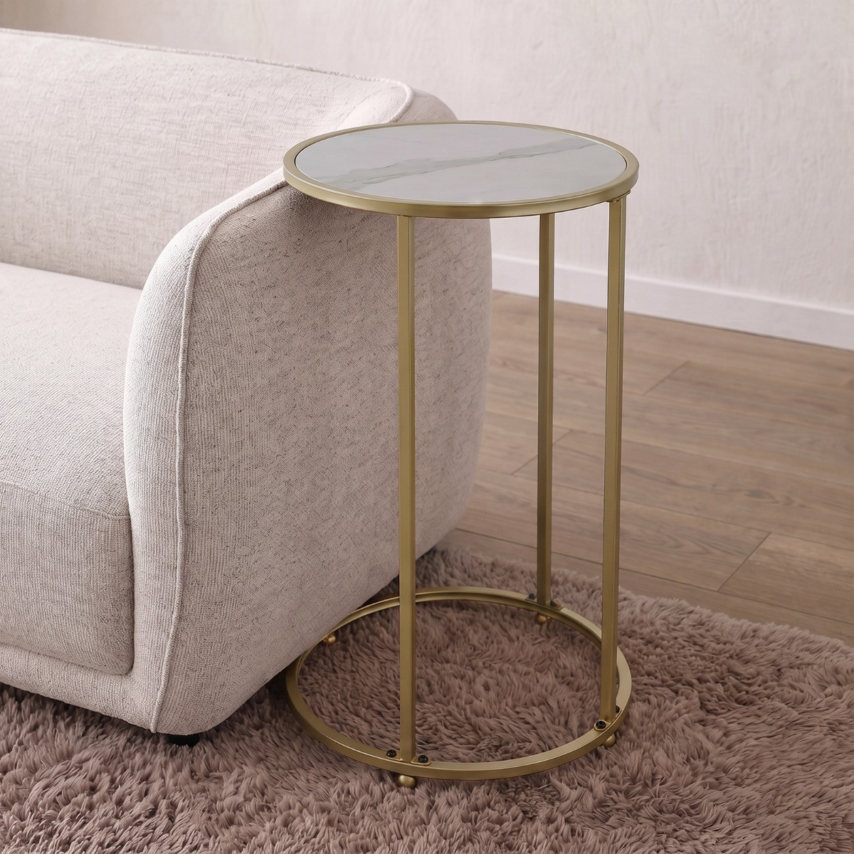 OHS Marble Effect Round C Shape Side Table - White/Gold>