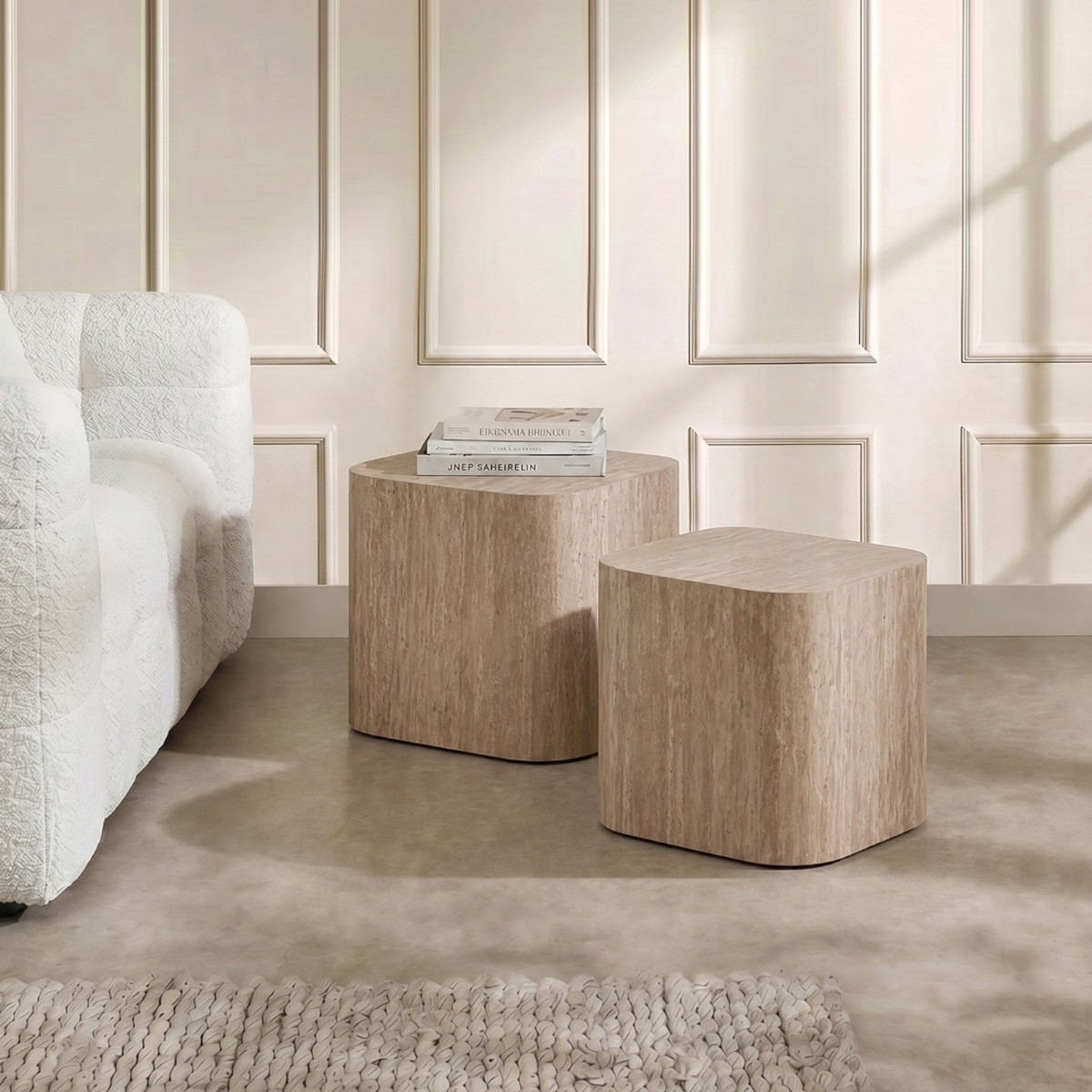 OHS Set of 2 Travertine Effect Square Side Tables - Cream>
