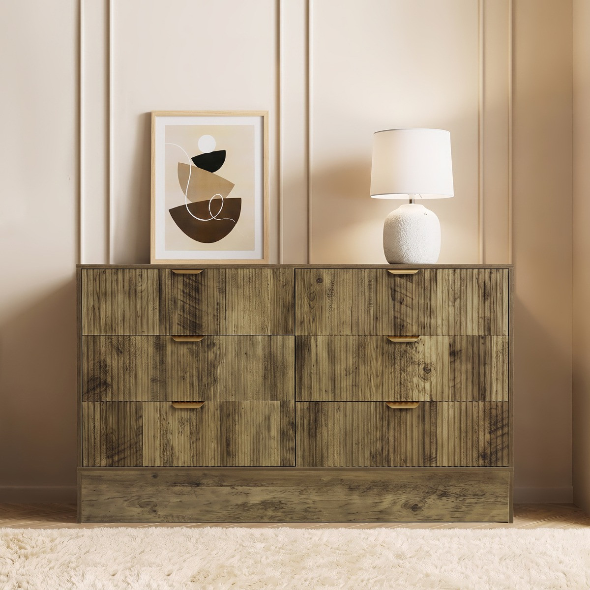 OHS Solid Ribbed 6-Drawer Unit - Medium Wood>