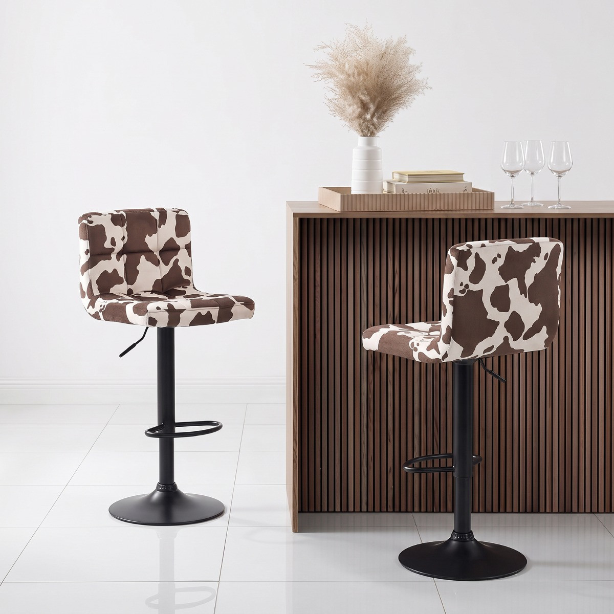 OHS Set of 2 Cow Print Adjustable Velvet Bar Stools - Brown/Black>