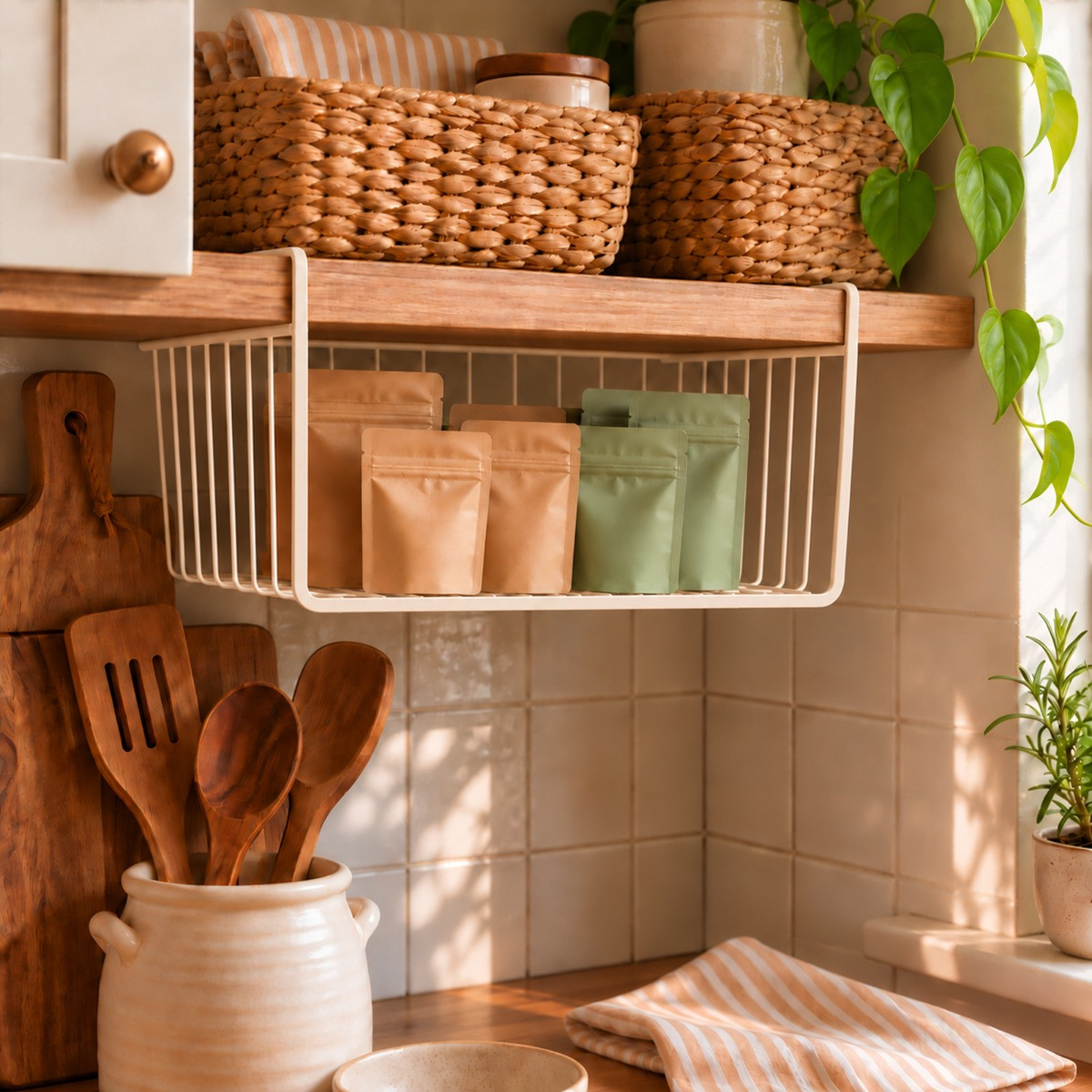 OHS Metal Wire Under Shelf Basket - Cream>