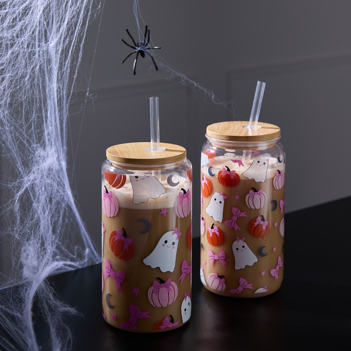 OHS 2 Pack Ghost Bow Print Plastic Drinking Jars - Multi>
