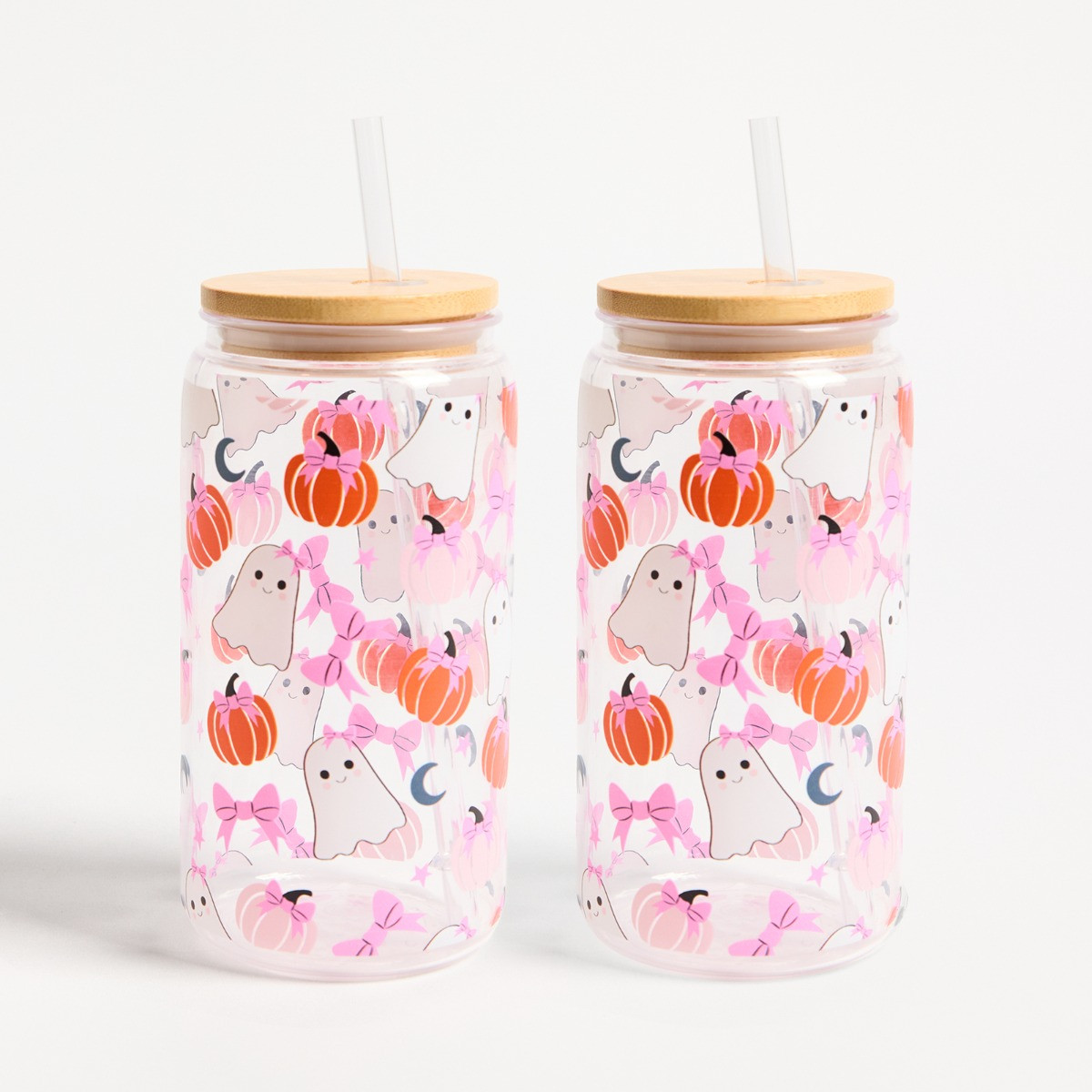 OHS 2 Pack Ghost Bow Print Plastic Drinking Jars - Multi>