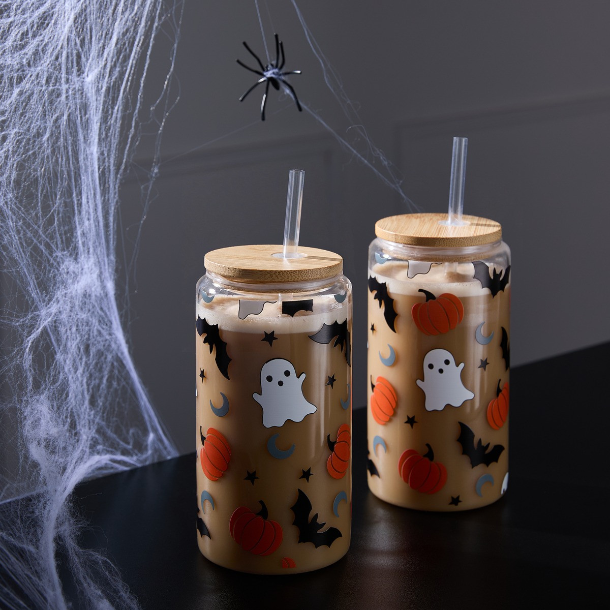 OHS 2 Pack Ghost Bat Print Plastic Drinking Jars - Multi>