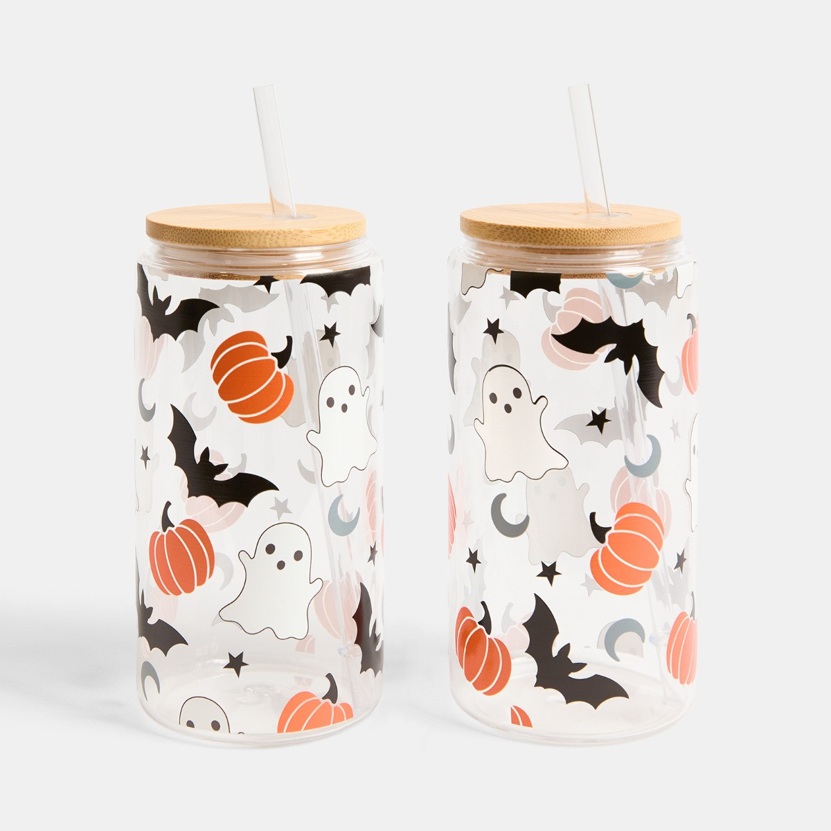 OHS 2 Pack Ghost Bat Print Plastic Drinking Jars - Multi>