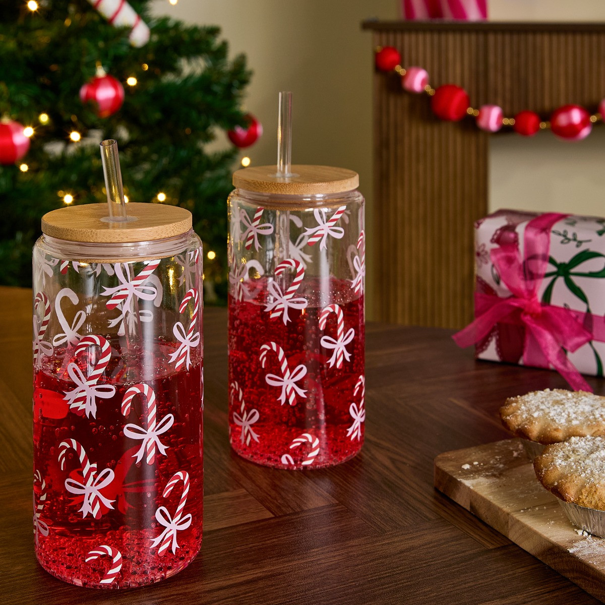 OHS 2 Pack Candy Cane Print Plastic Drinking Jars - Multi>