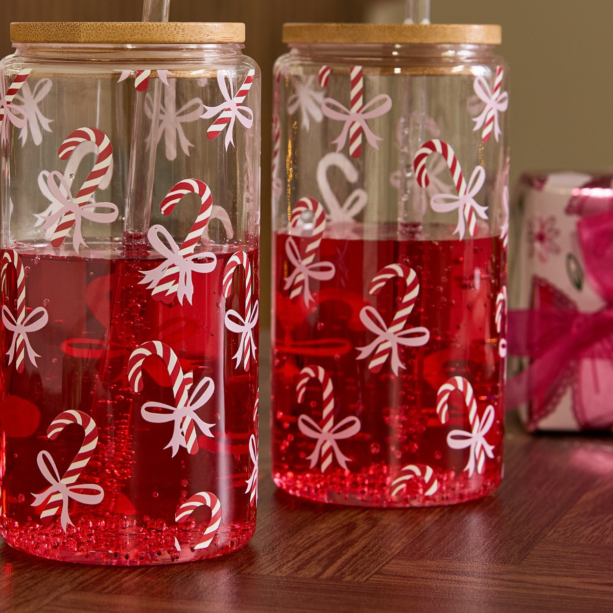 OHS 2 Pack Candy Cane Print Plastic Drinking Jars - Multi>