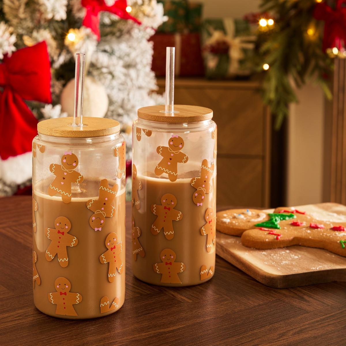 OHS 2 Pack Gingerbread Print Plastic Drinking Jars - Multi>