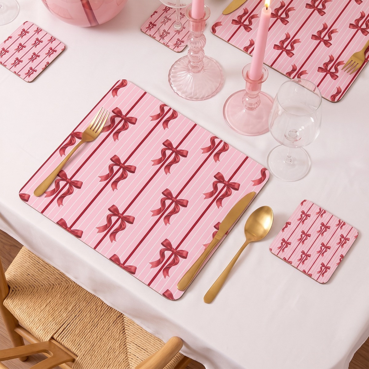OHS 4 Pack Bow Print Place Mat and Coaster Set - Pink>