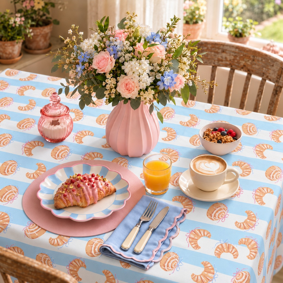 OHS Croissant Printed Table Cloth - Blue/White>