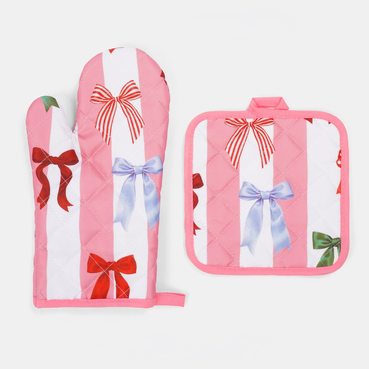OHS Multi Bow Stripe Oven Mit & Pot Stand Set - Pink/White>