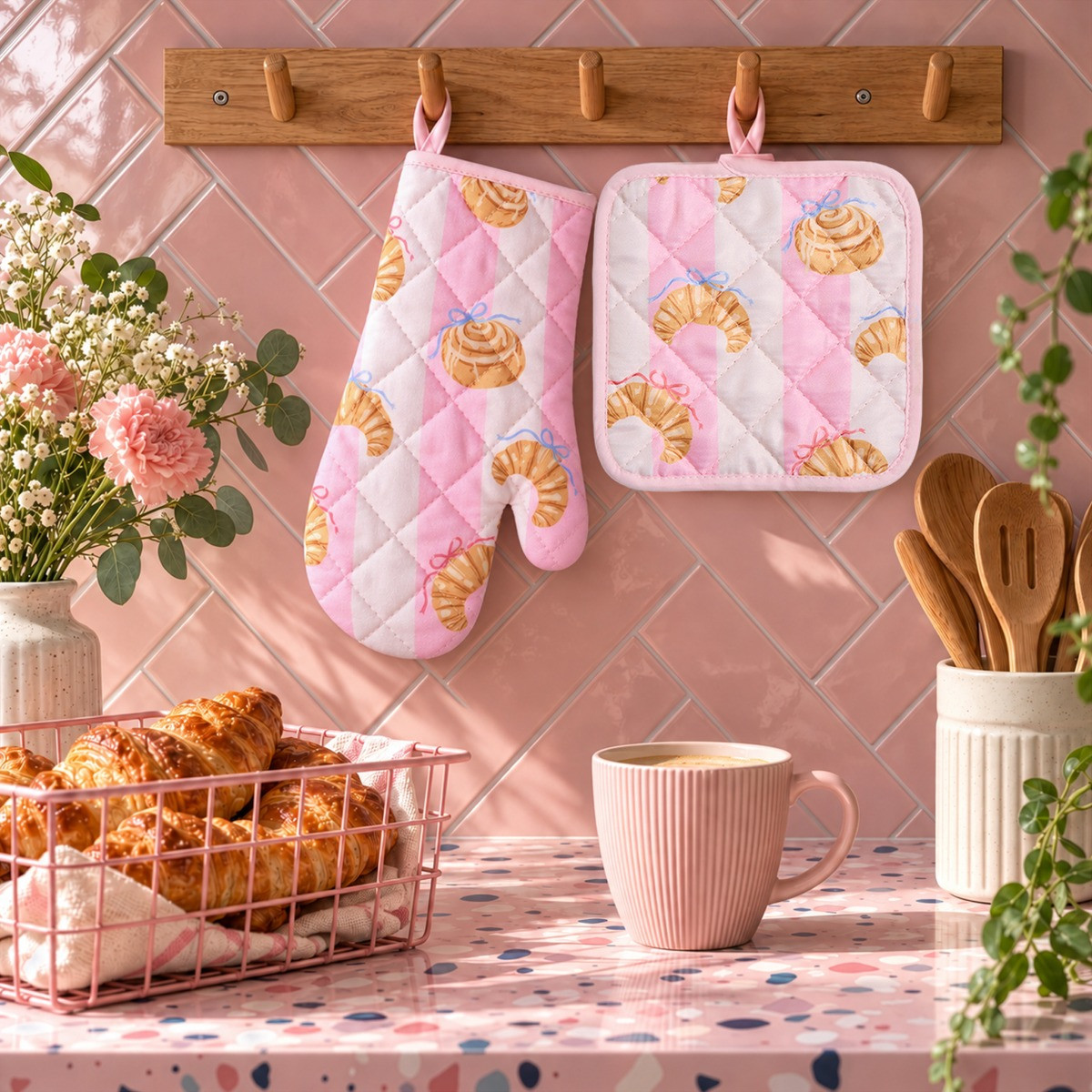 OHS Croissant Print Oven Mit & Pot Stand Set - Pink/White>