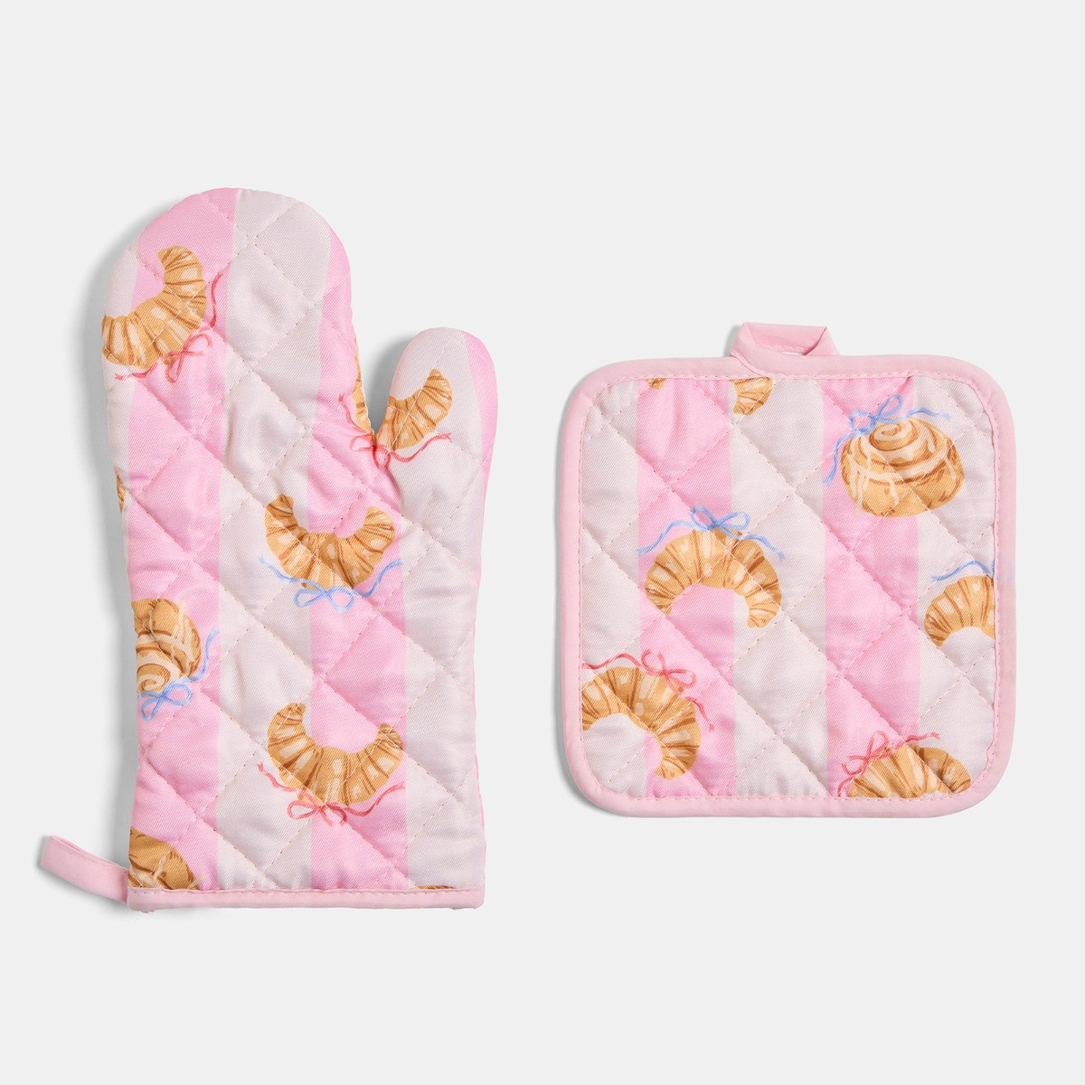 OHS Croissant Print Oven Mit & Pot Stand Set - Pink/White>