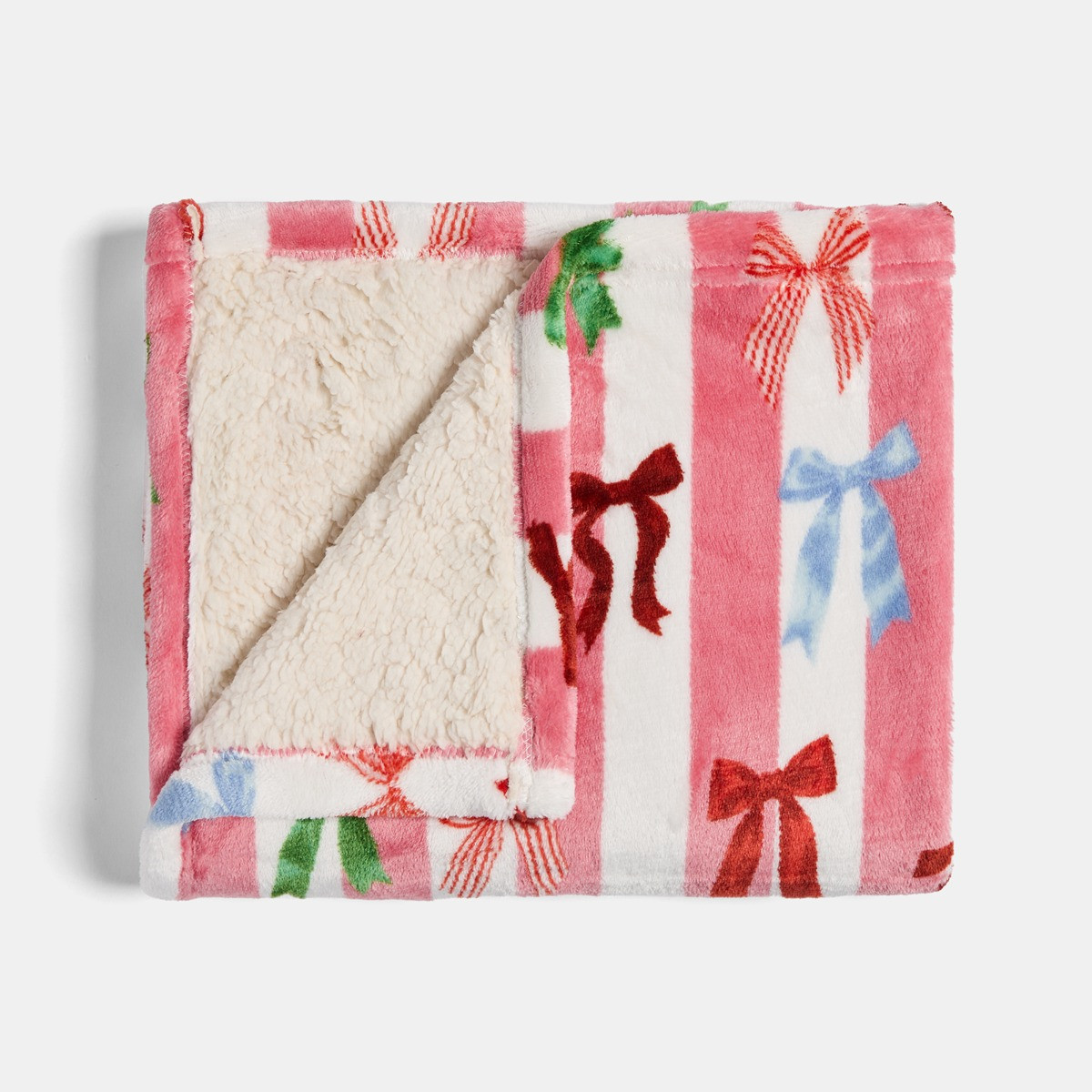 OHS Pet Multi Bow Stripe Sherpa Reverse Throw - Pink/White>
