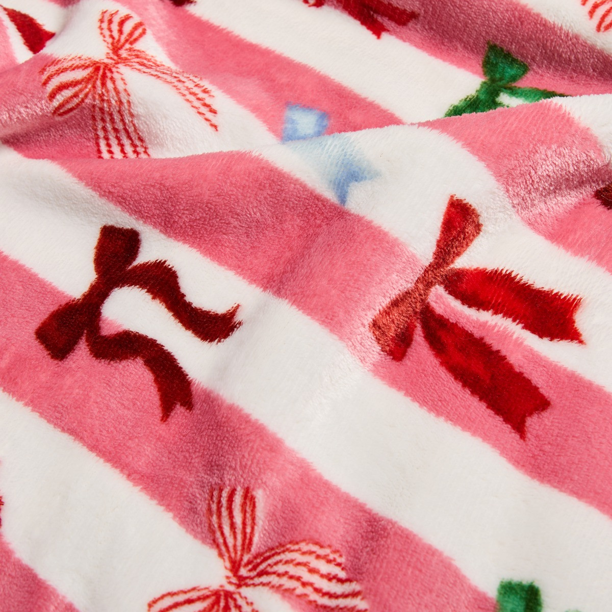OHS Pet Multi Bow Stripe Sherpa Reverse Throw - Pink/White>