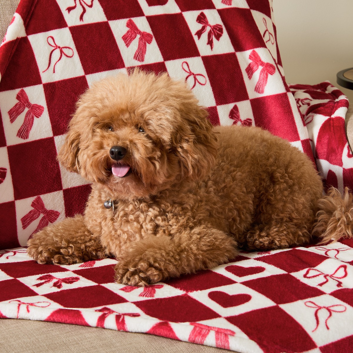 OHS Pet Bow & Heart Harlequin Print Sherpa Reverse Throw - Red/White>
