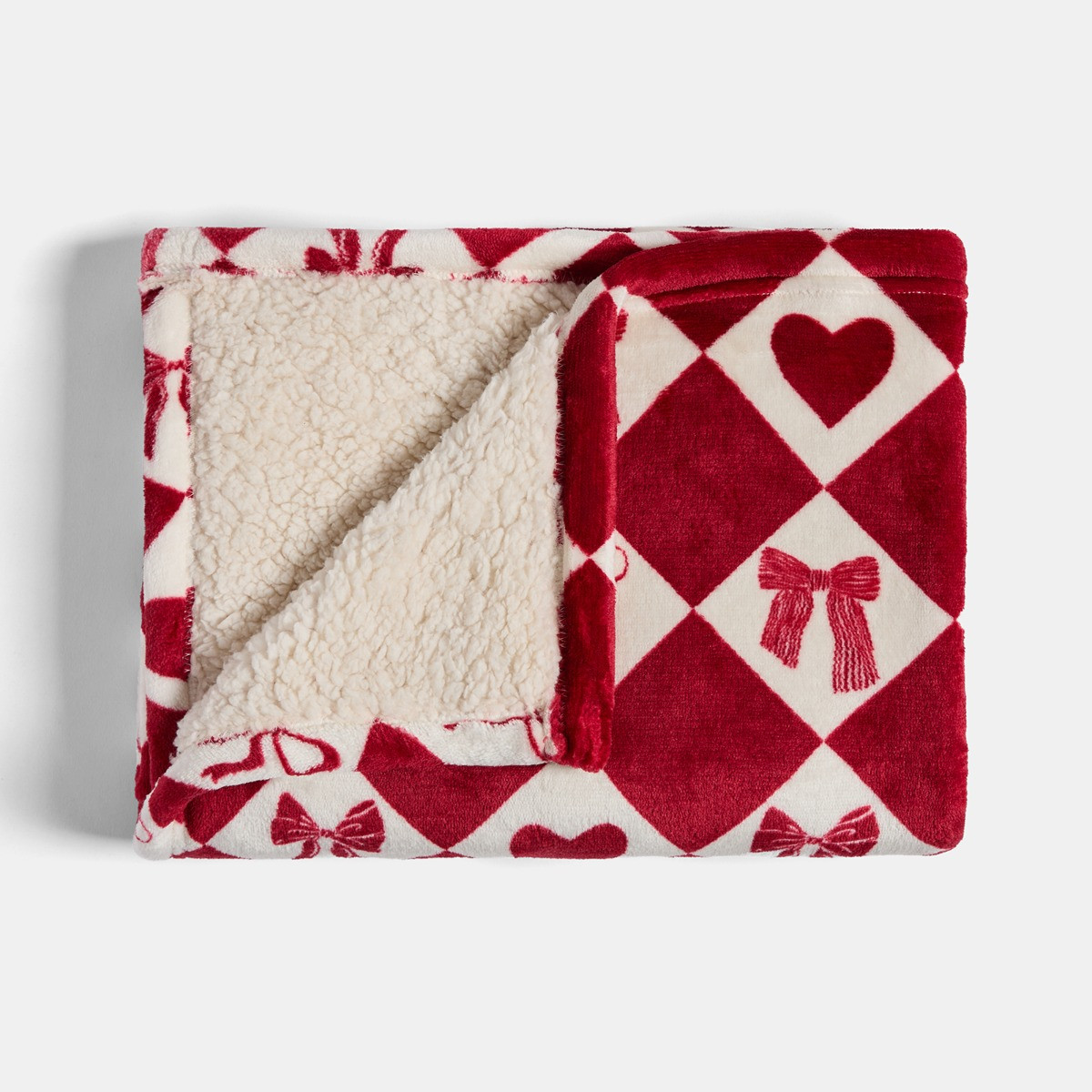 OHS Pet Bow & Heart Harlequin Print Sherpa Reverse Throw - Red/White>