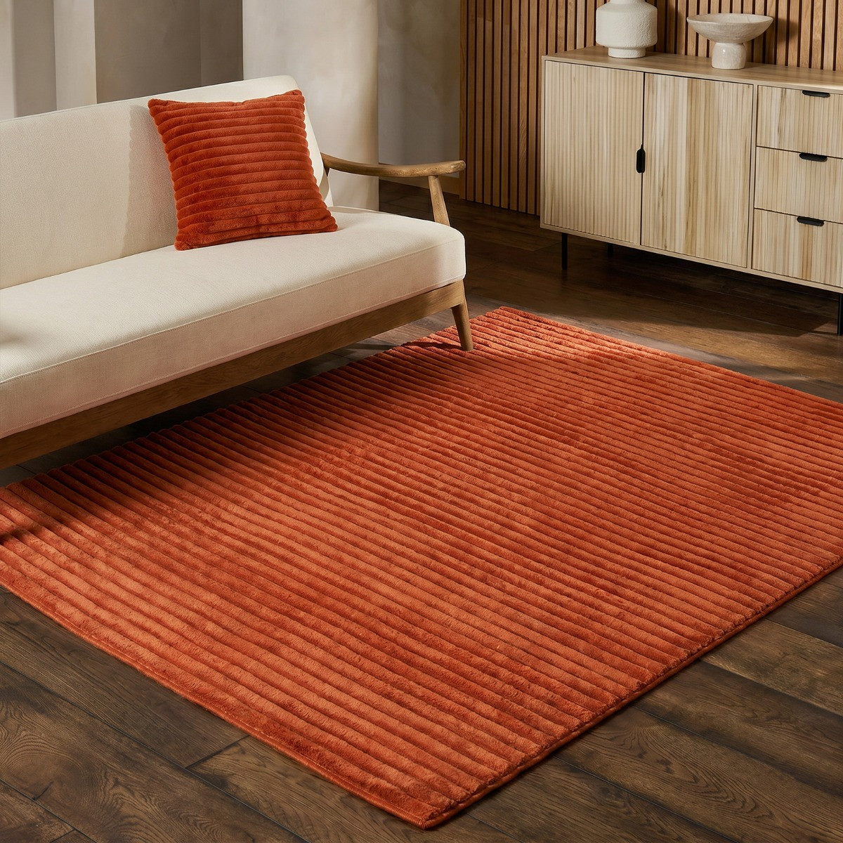 OHS Faux Fur Ribbed Rug - Rust>