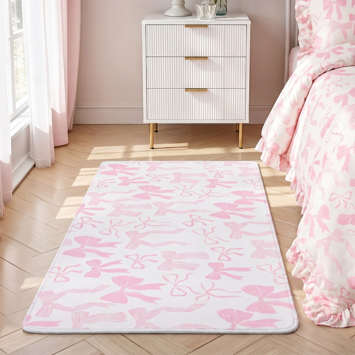 OHS Kids Washable Supersoft Bow Print Rug - White/Pink>