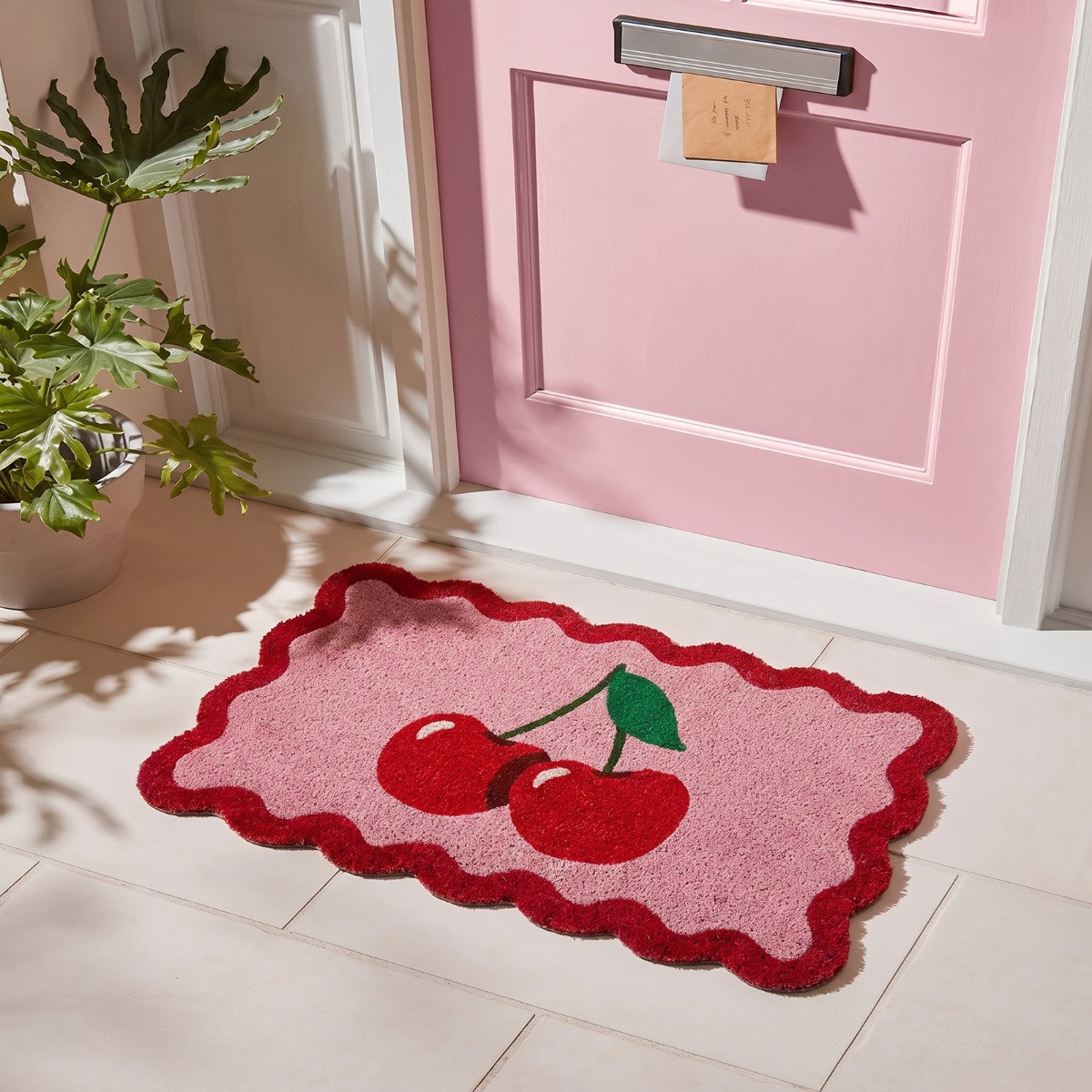 OHS Cherry Print Scallop Edge Coir Mat - Pink/Red>