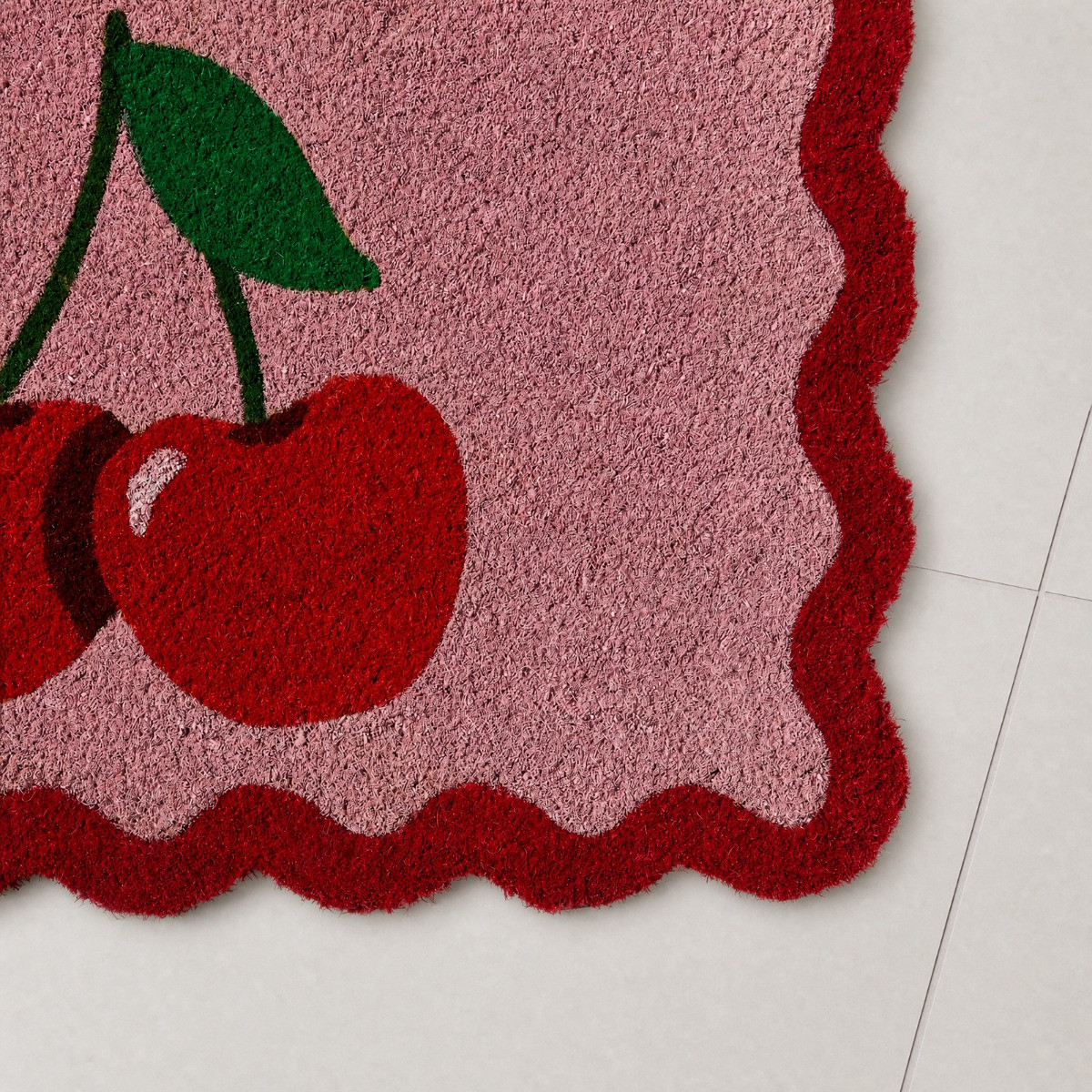 OHS Cherry Print Scallop Edge Coir Mat - Pink/Red>