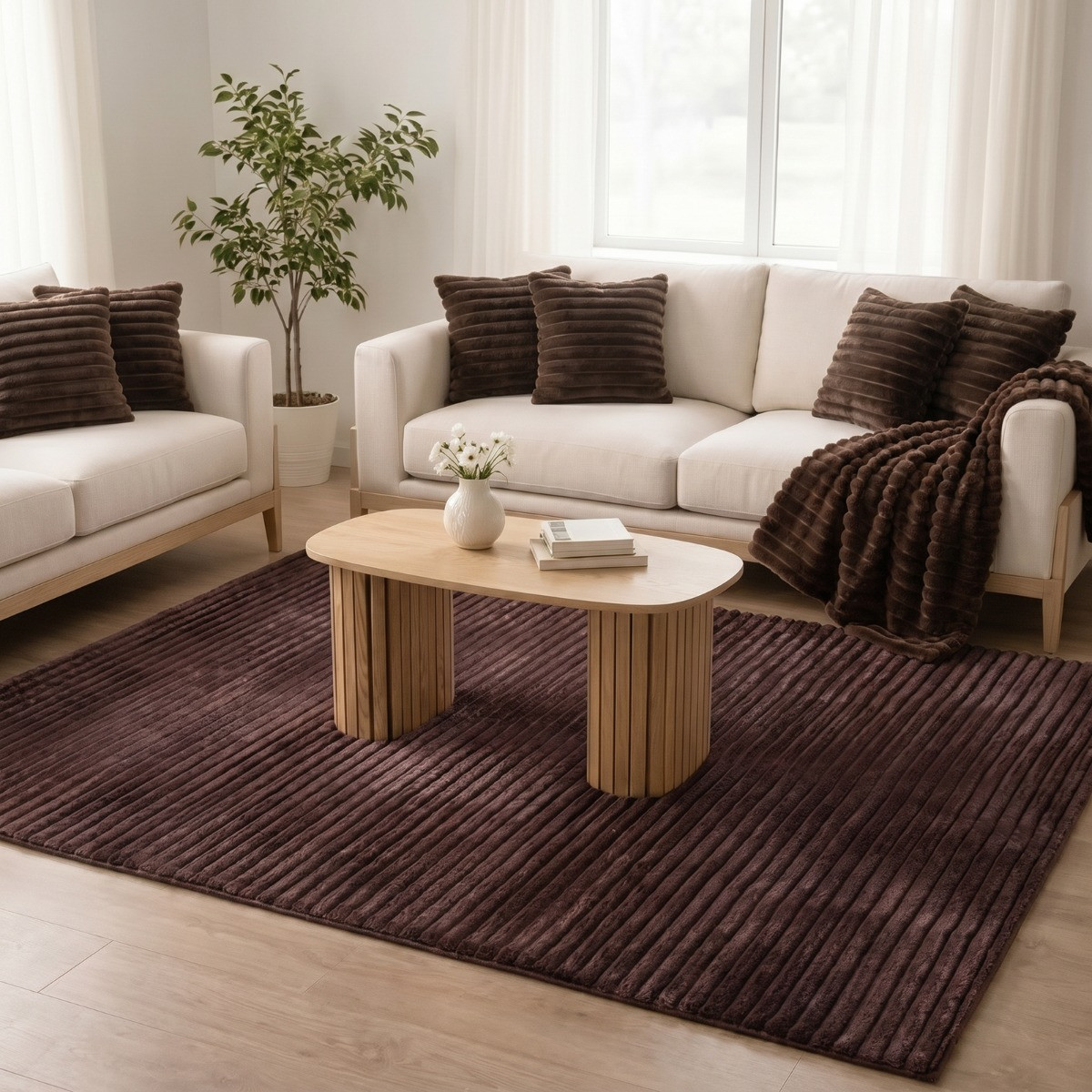 OHS Faux Fur Ribbed Rug - Brown>