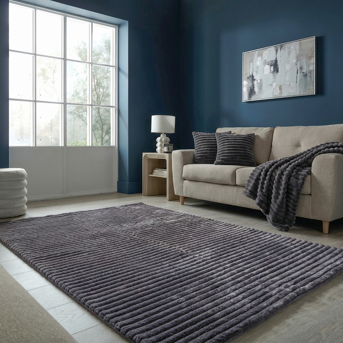 OHS Faux Fur Ribbed Rug - Charcoal>