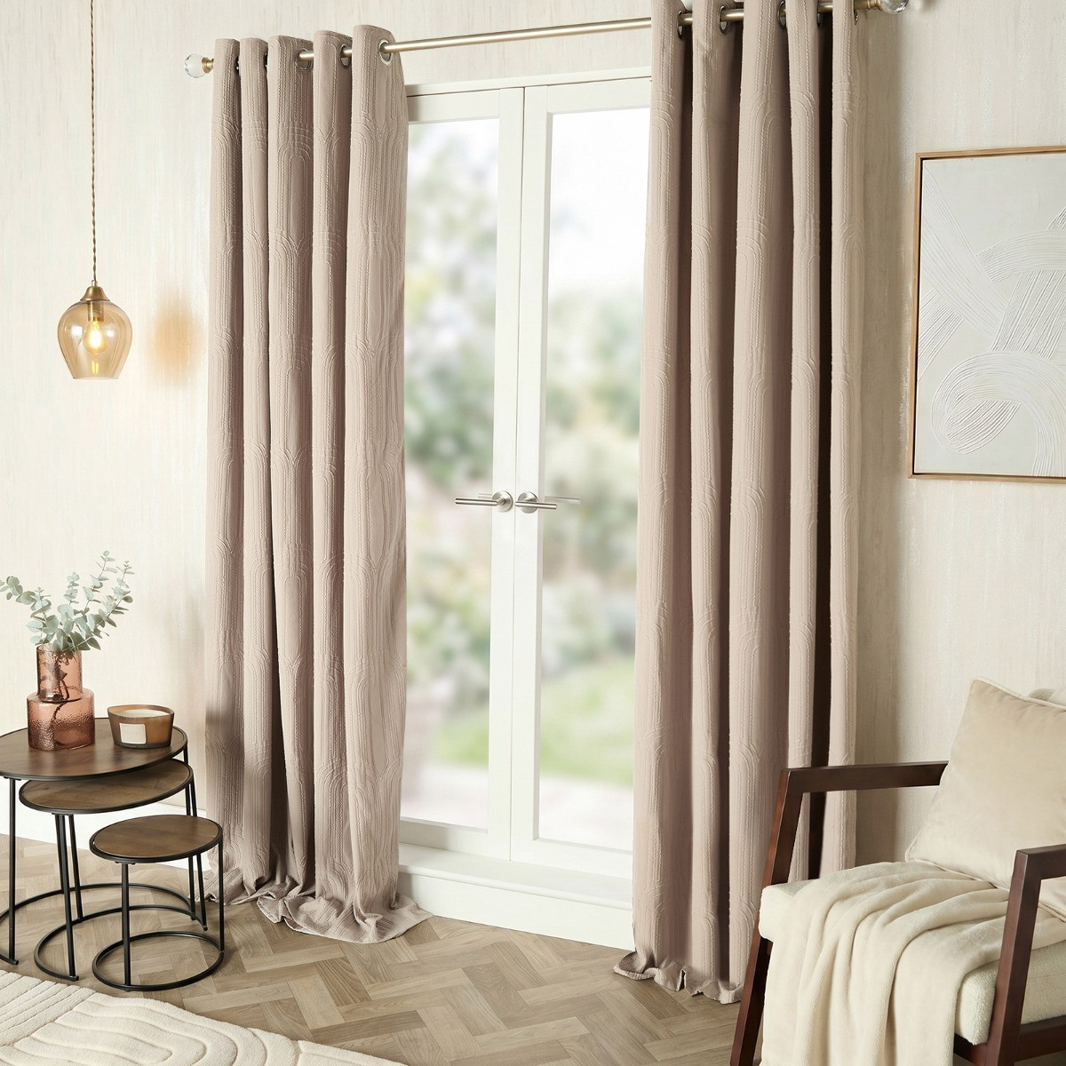 OHS Embossed Arches Eyelet Curtains - Natural>