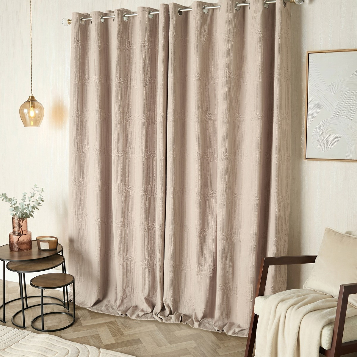 OHS Embossed Arches Eyelet Curtains - Natural>