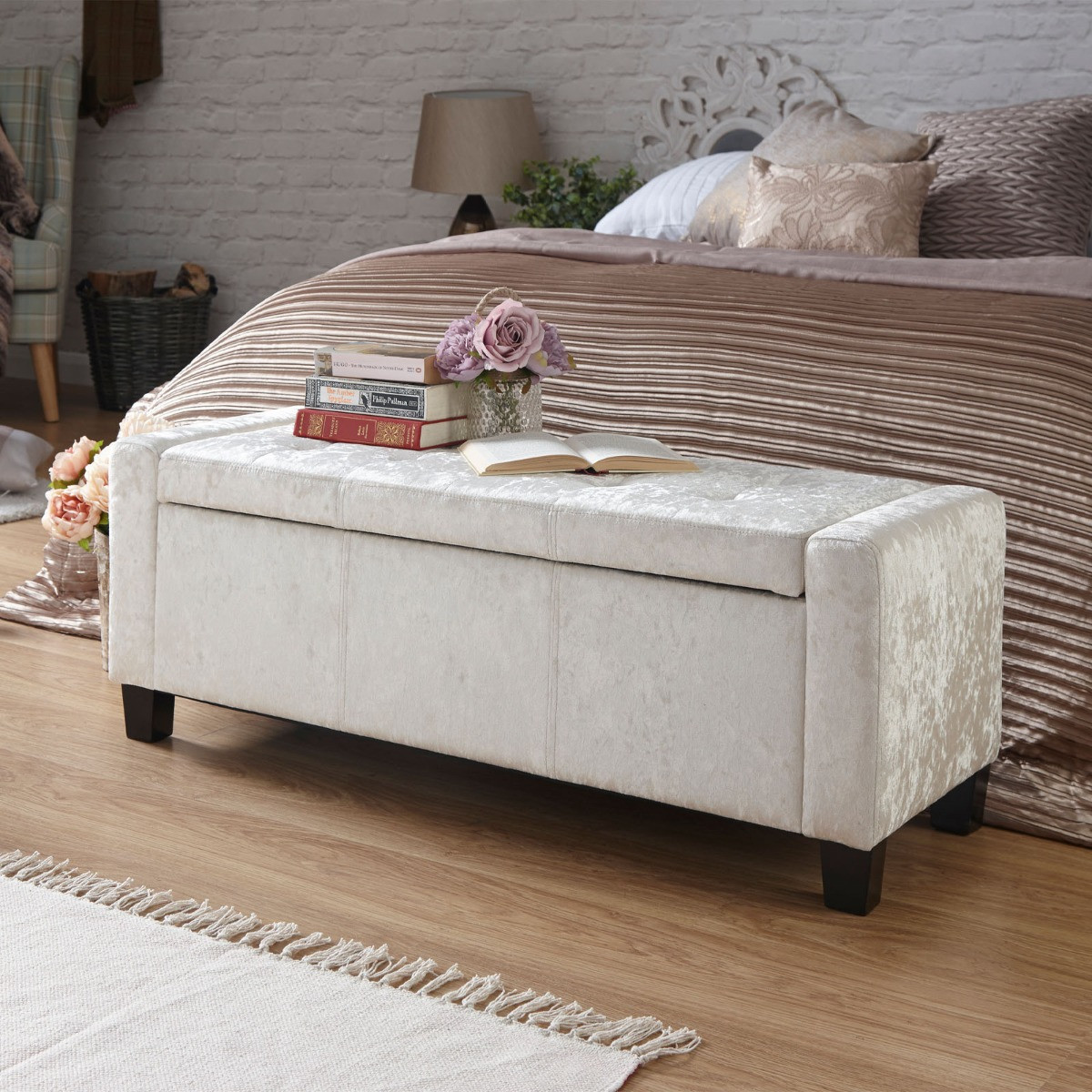 Verona Crushed Velvet Ottoman Bench - Oyster >