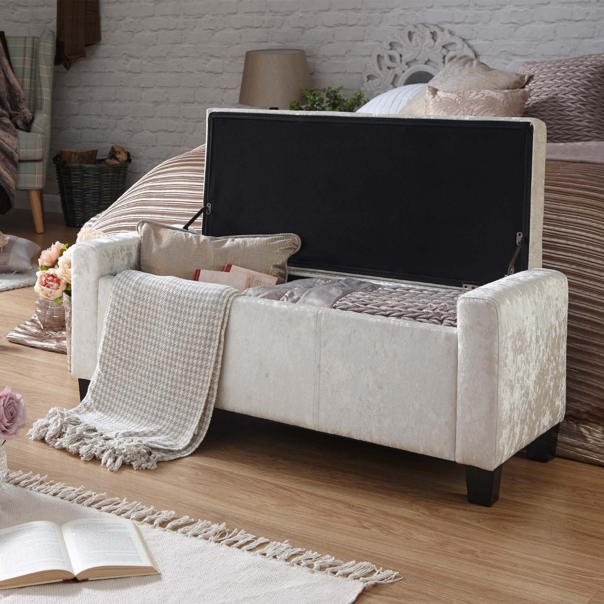 Verona Crushed Velvet Ottoman Bench - Oyster >