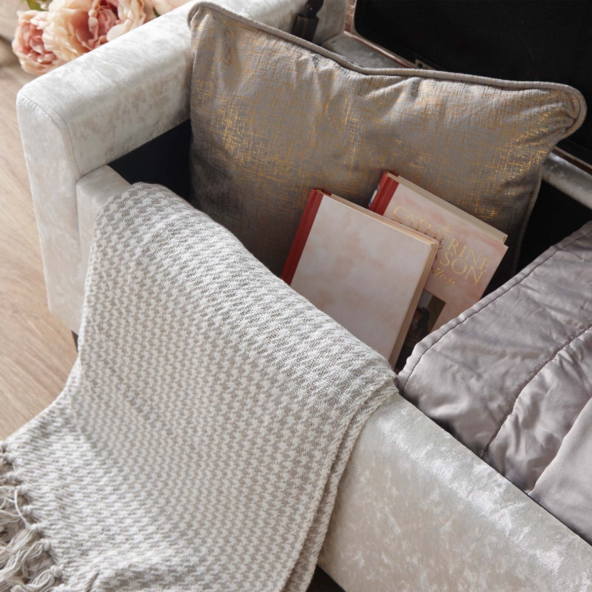 Verona Crushed Velvet Ottoman Bench - Oyster >