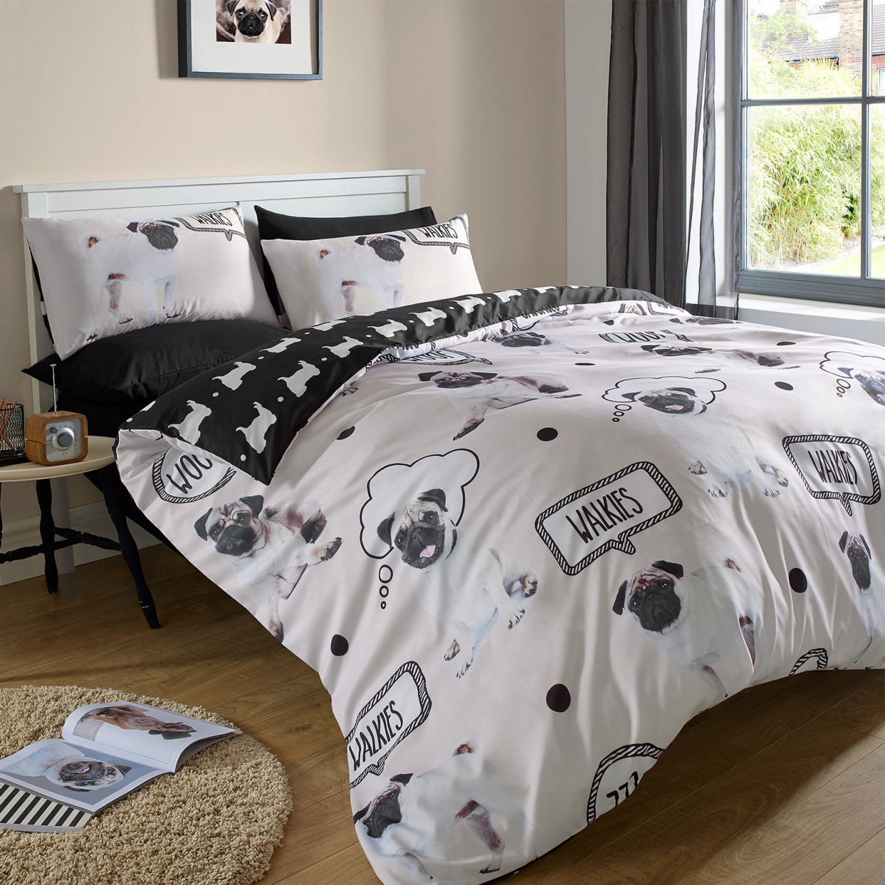 Duvet Cover with Pillowcase Bedding Set Walkies Pug Dog Cream - King>